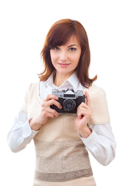 Portret turystą całkiem dorosłych fotografuje aparatem retro vintage — Zdjęcie stockowe