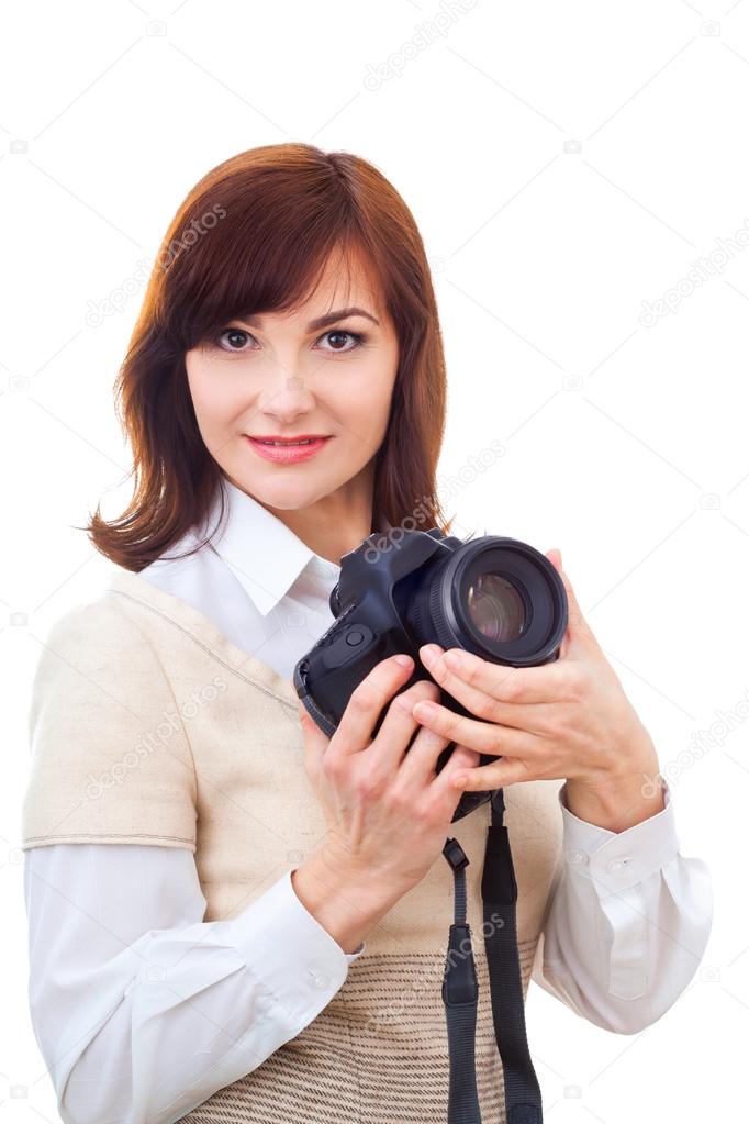 Beautiful adult woman with camera