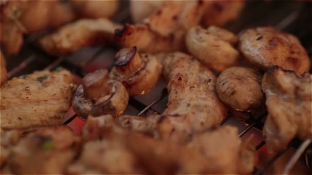 Brochetas de carne en el primer plano de la parrilla — Vídeo de stock