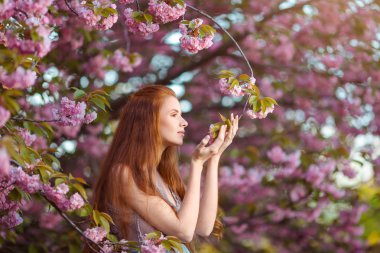 Çiçek açan bahçede güzel hamile bir kadın