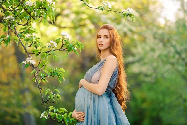 फुलांच्या बागेत सुंदर गर्भवती महिला — स्टॉक फोटो, इमेज