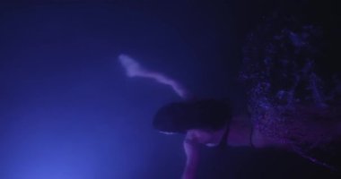 Büyüleyici bir kadın neon ışıklı bir havuzda suyun altında süzülüyor, vücudu yumuşak, gizemli bir parıltıyla aydınlanıyor. Bu sinematik çekim zarafet, şehvet ve rüya gibi bir güzelliği harekete geçirir.. 