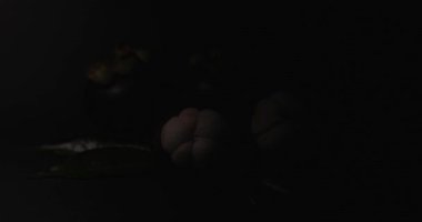 Beyaz tenini gösteren yarım yamalak bir mangosen. Koyu arkaplanda yeşil yapraklar ve meyveler var. Sağlıklı beslenme, tropikal meyve promosyonları ve mutfak görselleri için mükemmel.. 