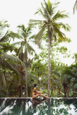 Siyah bikinili Latin bir kadın, bereketli palmiyeler ve yağmur ormanlarını yansıtan sonsuz kenarlı bir havuzda oturuyor. Lüks seyahatler, tatil köyleri, spa merkezleri için yüksek kaliteli bir imaj..