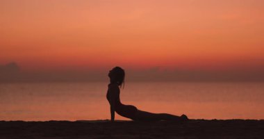 Bir kadın yoga pozu veriyor, kobra gibi, aşağı doğru köpek gibi, ve gün batımında bir sahilde gölgede bacağını kaldırıyor, arkasında okyanus var. Farkındalık, açık hava fitness ve