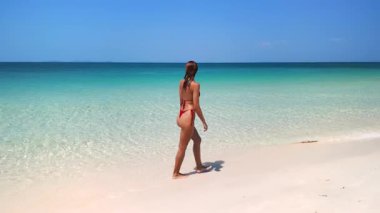 Genç kadın, Phu Quoc Vietnam 'daki egzotik plajda huzur içinde yürüyüşten hoşlanıyor, son moda yüksek kaliteli görüntüler seyahat ilhamı, sağlık, yaz tatili, turizm tanıtımı ve yaşam tarzı içeriği için iyi..