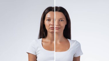 Bölünmüş yüz portresi, beyaz stüdyo ışığı altında mutsuz ve sakin kadın ifadesini, depresyon, stres ve gençleştirme konseptini, tıp için ideal, psikolog reklamlara ve bloglara çevrimiçi olarak yardım etmeyi gösteriyor.