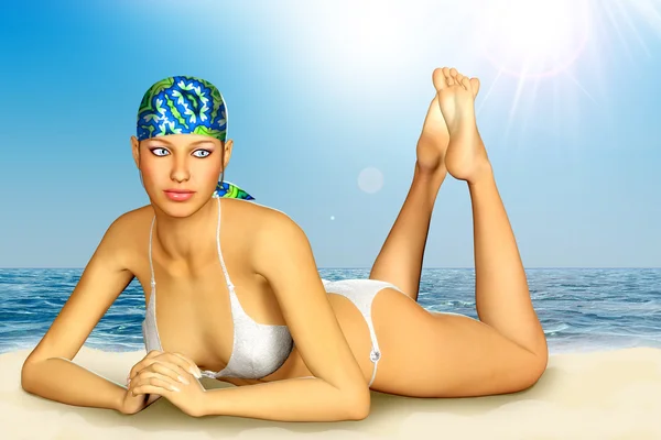 3D renderowania piękne kobiety opalając się na plaży — Zdjęcie stockowe