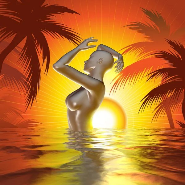 3d ilustração renderizada de mulher na praia tropical — Fotografia de Stock