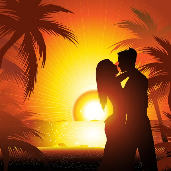 Silhuett av par på stranden vid solnedgången — Stock vektor