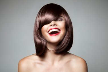 Smiling Beautiful Woman With Brown Short Hair. Haircut. Hairstyl clipart