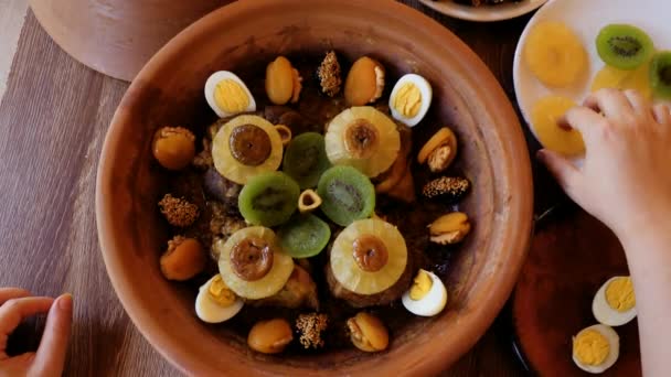 Acabado Cordero Cocido Cordero Tajina Carne Oveja Tagine Una Olla — Vídeos de Stock