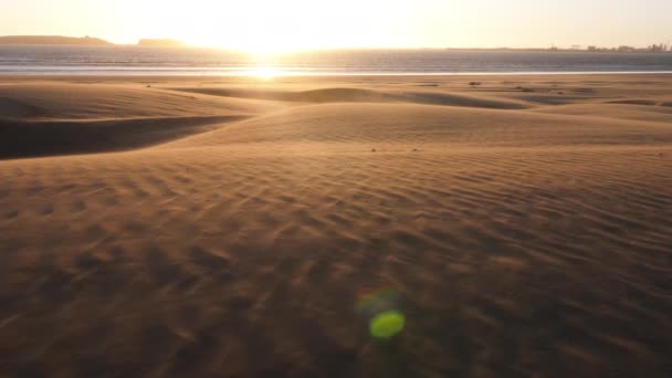 Vacker Strandscen Vid Solnedgången Med Kraftig Snabbrörlig Vind Över Sanddyner — Stockvideo