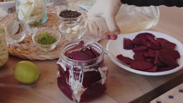 Fermenting Preserving Cabbage Beetroots Beets Adding Water Apple Cider Vinegar — Stock Video