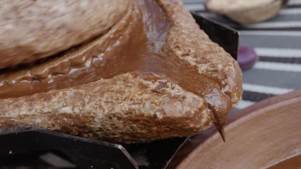 用摩洛哥传统的磨石磨碎的Argan岩心的封堵 这种浆糊将用来提取著名的Argan油 这种油富含脂肪酸 用于烹调和化妆品 — 图库视频影像