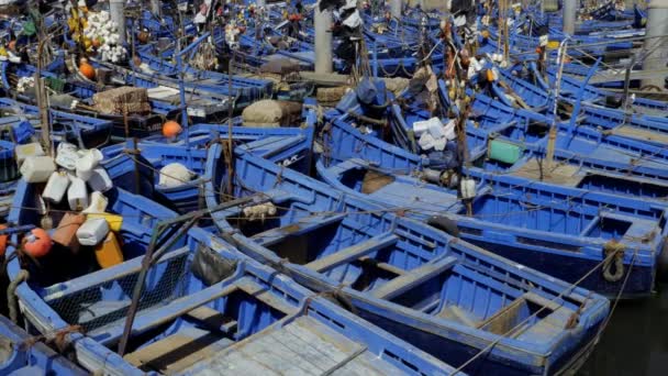 Old Wooden Blue Fishing Boats Rock Water Harbor Essaouira Fishing — Stock Video