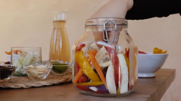Fermenteren Diverse Groenten Conserveren Venkel Aan Het Mengsel Toevoegen Probiotisch — Stockvideo