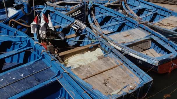 Old Wooden Blue Fishing Boats Rock Water Harbor Essaouira Fishing — Stock Video