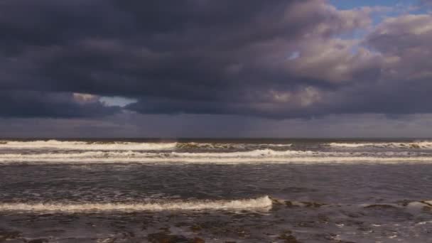 Inkomende Golven Een Strand Met Donkere Bewolkte Lucht Stormachtige Regenachtige — Stockvideo