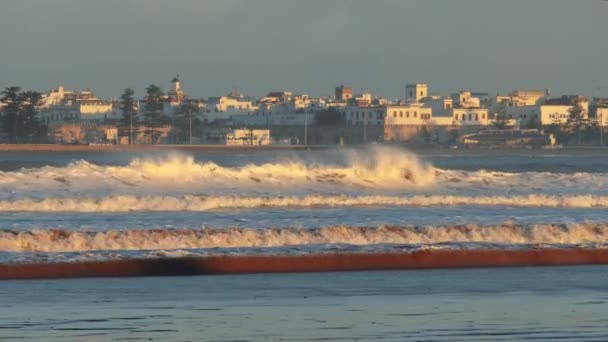 Krásné Vlny Volném Moři Pláži Panorama Města Essaouira Maroku Pozadí — Stock video