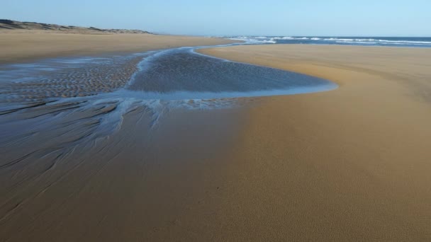 きれいな海水でビーチの砂の上に水の水たまりの穏やかなシーンは 背景に海の波 瞑想的で落ち着いたSpaのコンセプトの背景映像 — ストック動画