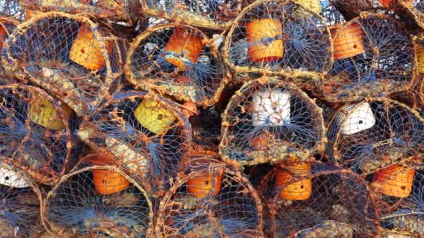 Högen Med Traditionell Krabba Hummerfällor Vid Hamnen Essaouira Marocko — Stockvideo