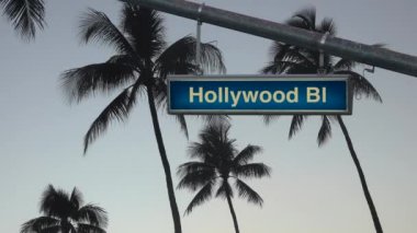 Los Angeles 'ta Alacakaranlıkta Palmiye ağaçlarıyla Hollywood Bulvarı