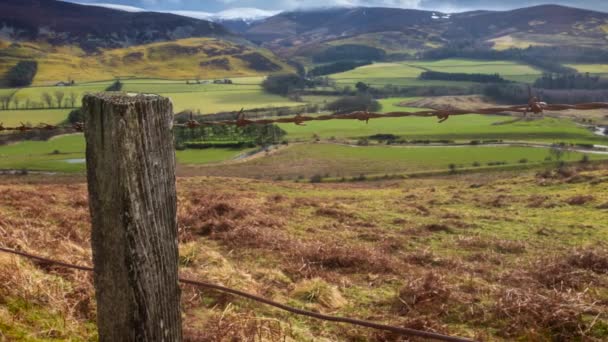 苏格兰滚动山中的一个圆柱形镜头 其前缘有一根质朴的老铁丝网 — 图库视频影像