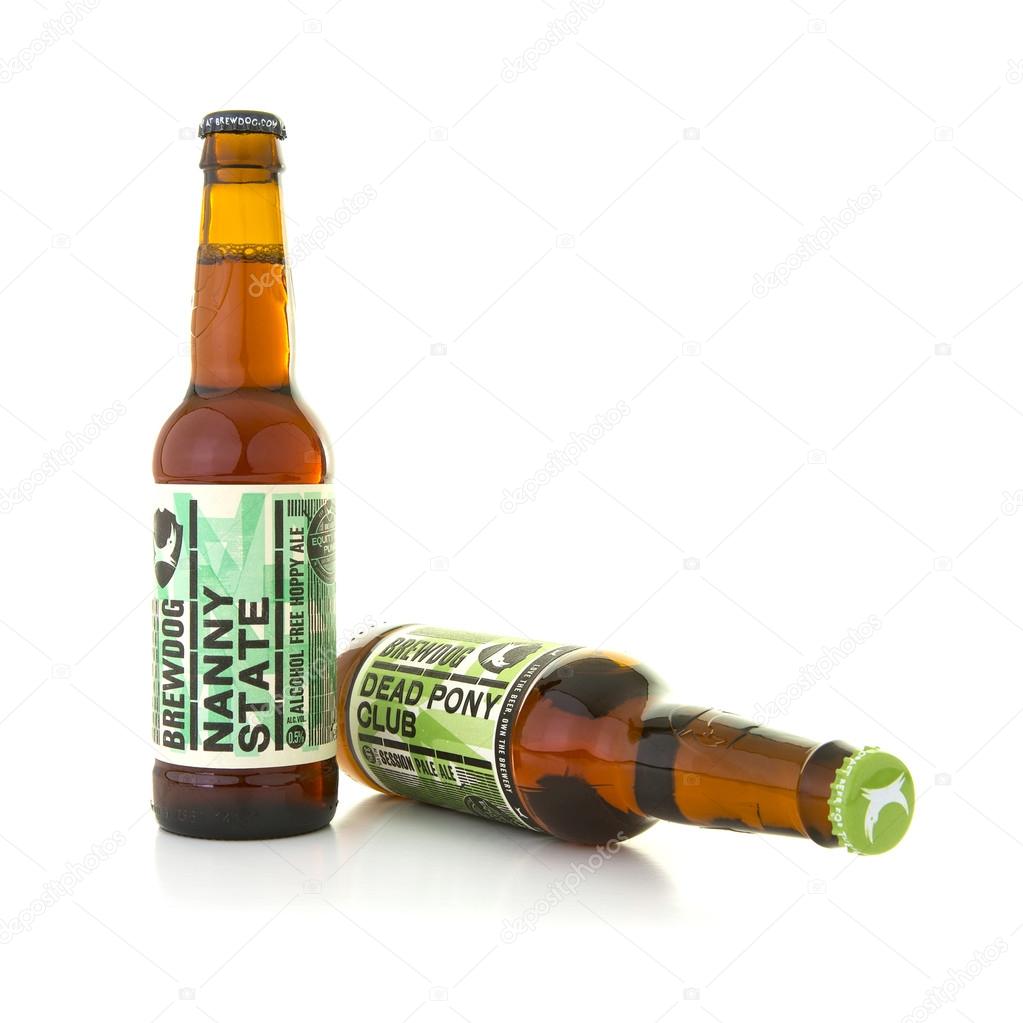 SWINDON, UK - APRIL 10, 2016:Brewdog Nanny State and Dead Pony Club bottled beers on a white background with copy space