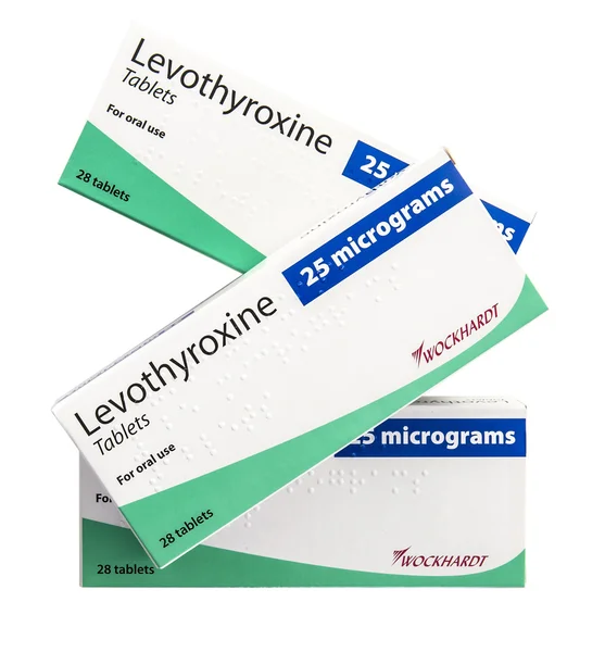Tres boex de 25 microgramos comprimidos de Levotiroxina —  Fotos de Stock
