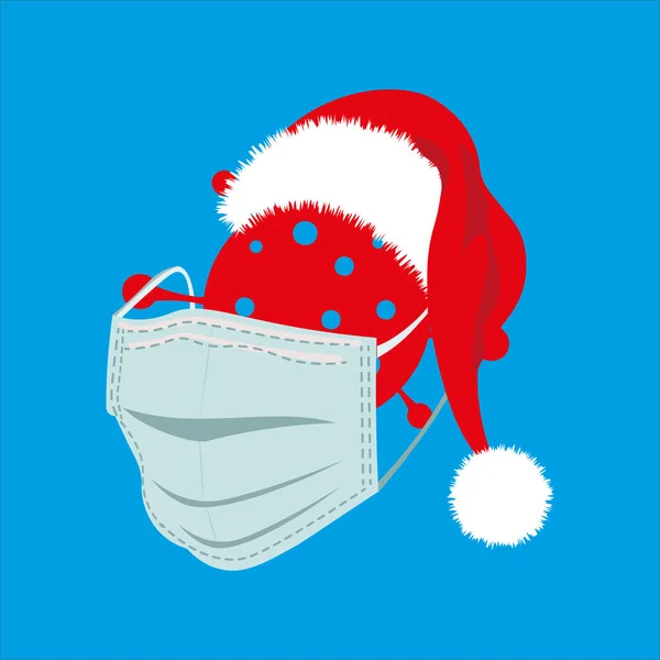 Happy Covid Christmas Coronavirus Wearing Santa Hat Mask Blue Background — Stock Vector