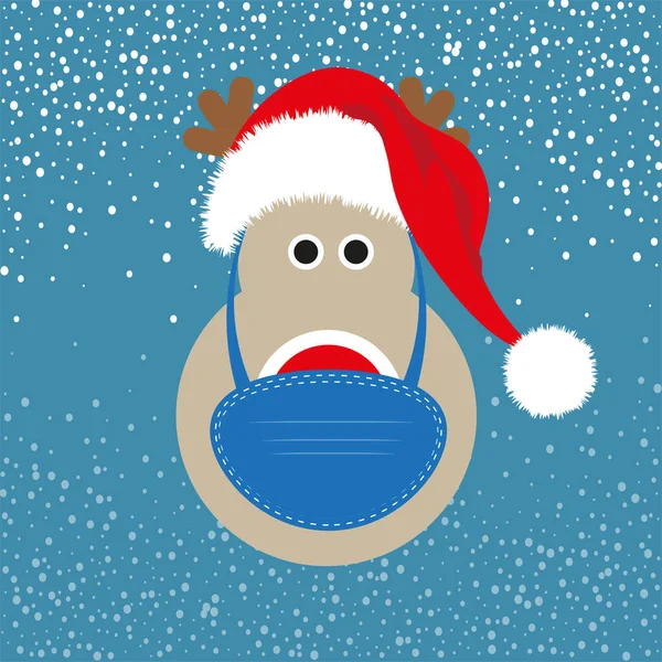 Reindeer Face Mask Santa Hat Design Vector Illustration Snowy Background — Stock Vector