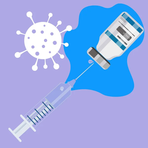 Seringue Vaccination Covid Vecteur Vaccin Sur Fond Bleu — Image vectorielle