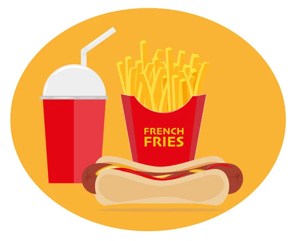 Hot Dog Franse Frietjes Een Drankje Vector Illustratie — Stockvector