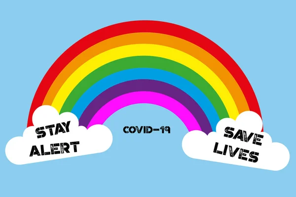 Arc Ciel Coloré Nuages Montrant Les Messages Rester Alerte Sauver — Image vectorielle