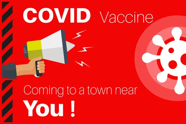 Covid 19疫苗接种到你附近的一个城镇 带有病毒图标的红色背景的病媒说明 — 图库矢量图片