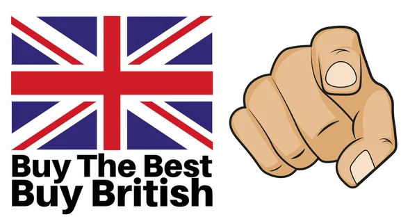 购买最好的 购买英国矢量插图与英国国旗 并指向一个白色背景的手 — 图库矢量图片