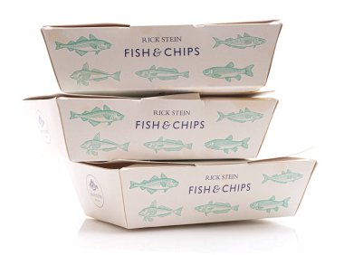 SWINDON, UK - JANUARY 2, 2021: 3 Used Fish & Chip take a way boxes from Rick Steins restaurant clipart