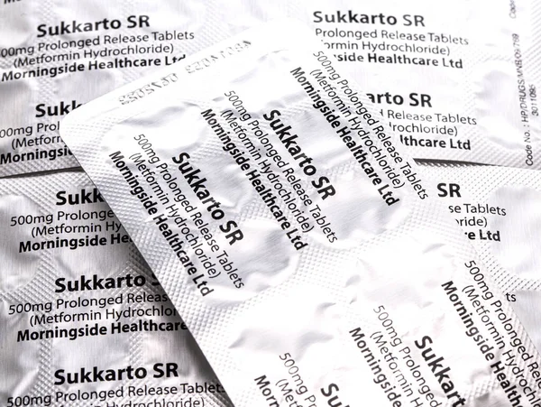 Swindon Reino Unido Enero 2021 Envases Blister Sukkarto Metformin Hydrochloride —  Fotos de Stock