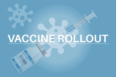 Coronavirus Aşıları serumu - COVID-19 aşı şişesi mavi zemin üzerinde virüs logosu.