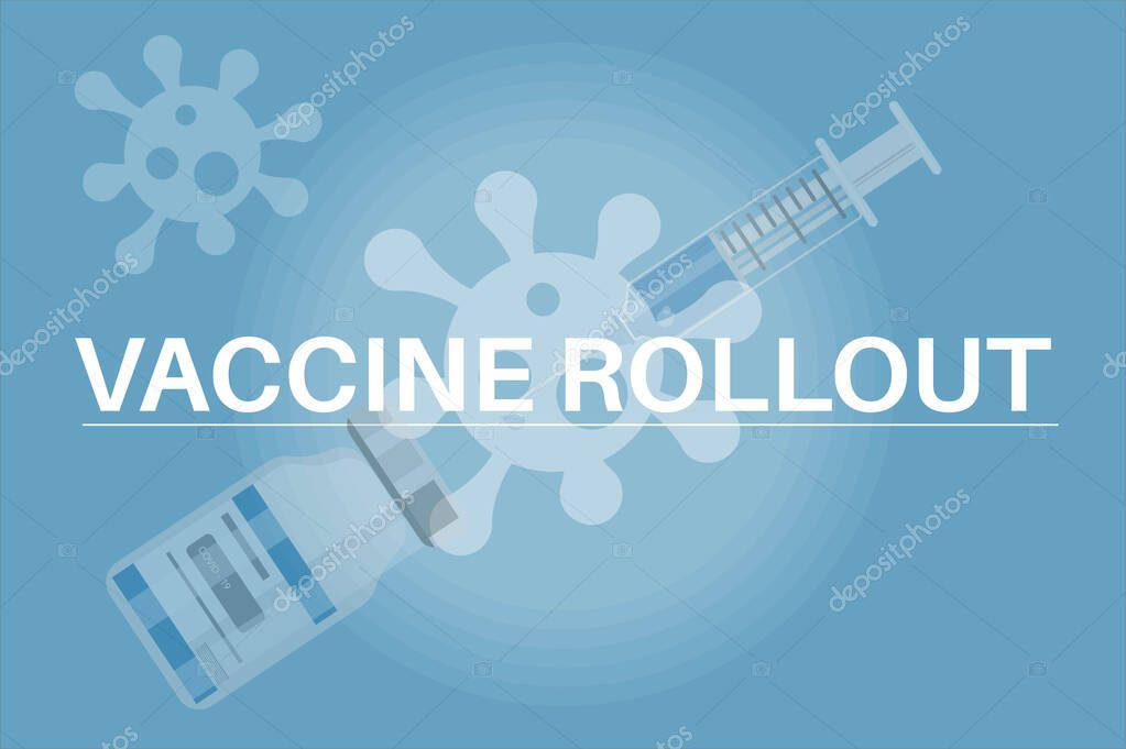 Coronavirus Vaccine rollout - COVID-19 vaccine bottle on a blue background with virus logo.