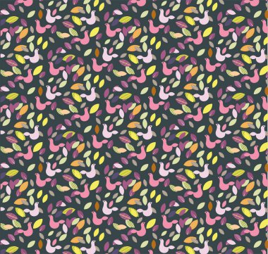 Renkli mevsimlik yaprak ve kuş vektörsüz desenli koyu arkaplan