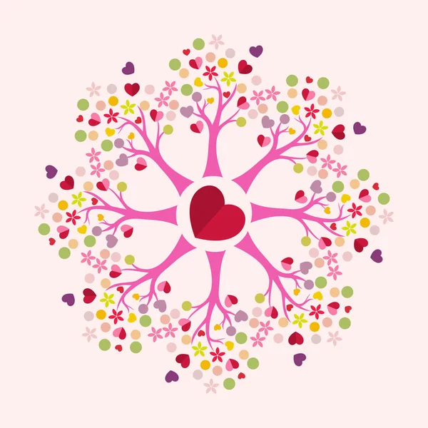 Kalp Ağacı Radyal Desenli Kalpler Renkli Noktalar Yapraklar — Stok Vektör