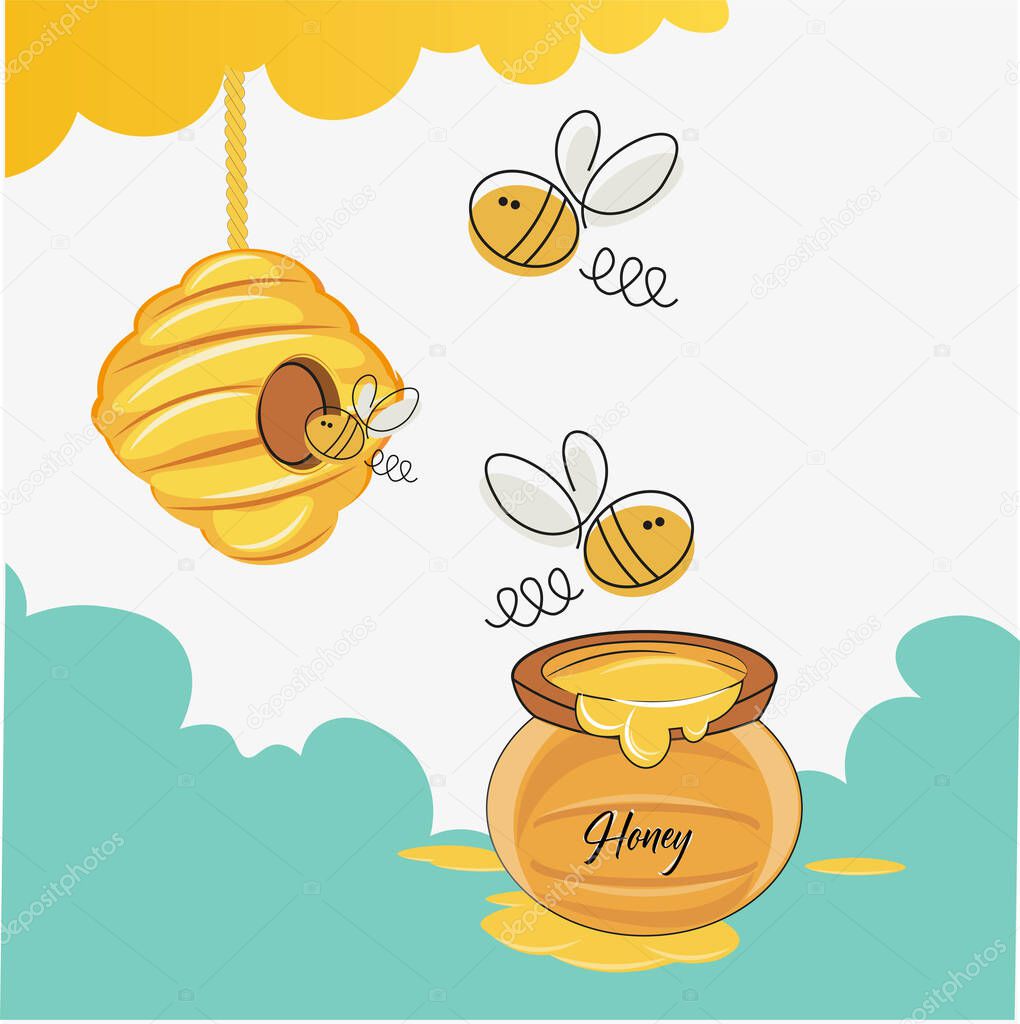 Buzzy Bee vector illustration with hive and honey pot on a white background