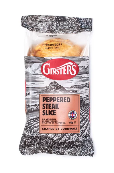 Swindon April 2021 Ginsters Peppered Steak Slice White Background — Stock Photo, Image