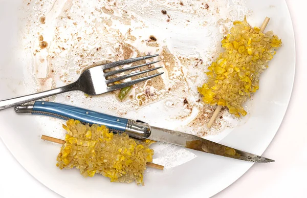 Eaten Meal Sweetcorn Knife Folk Plate White Background — Stock Photo, Image