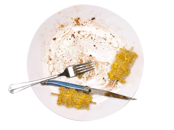 Comer Comida Con Maíz Dulce Con Cuchillo Folk Plate Sobre — Foto de Stock