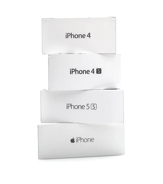 Colection av begagnade Apple iphone lådor på en vit bakgrund — Stockfoto