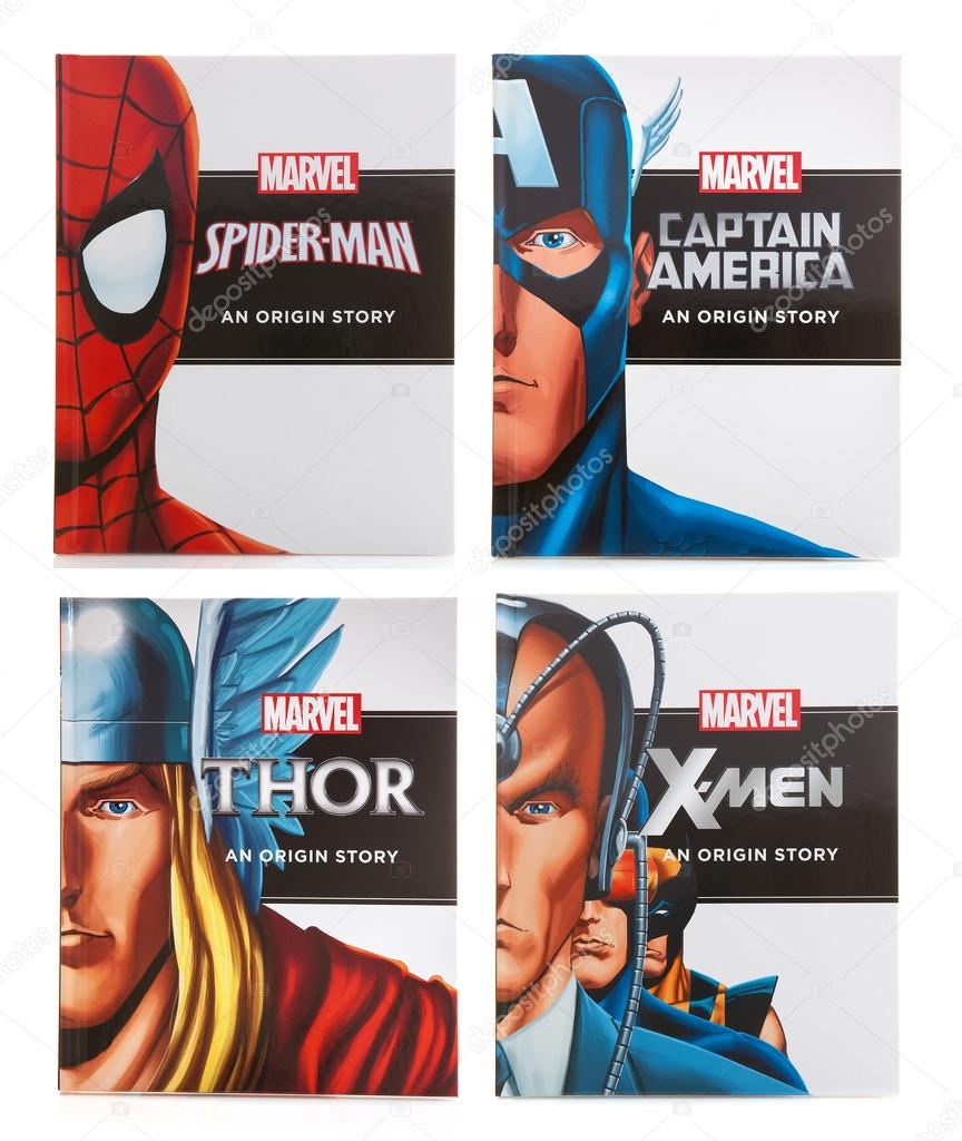 SWINDON, UK - DECEMBER 16, 2014:Four MARVEL Books Origin Storys on a White background