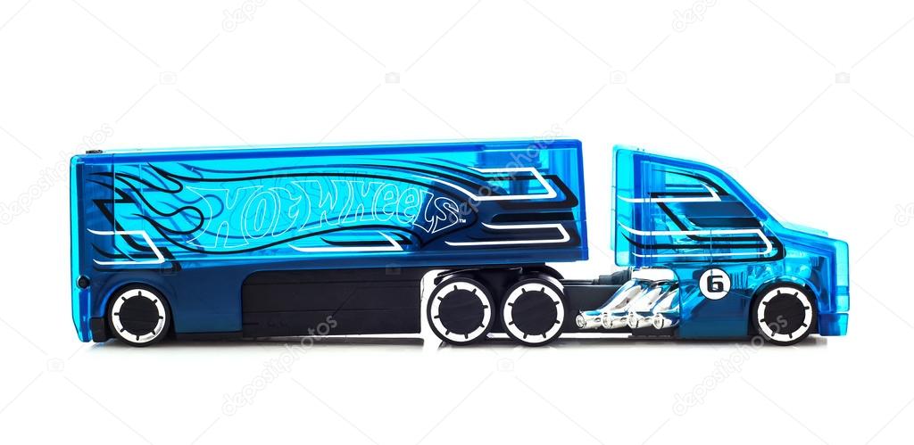 SWINDON, UK - JANUARY 15, 2015: Hot Wheels Transporter from Mattel, Inc. an American toy manufacturing company founded in 1945